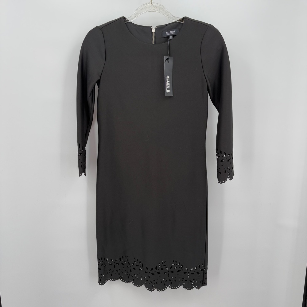 Allen B. Schwartz Black Laser Cut Sheath Dress Sz XS LBD Career Goth Party Scuba